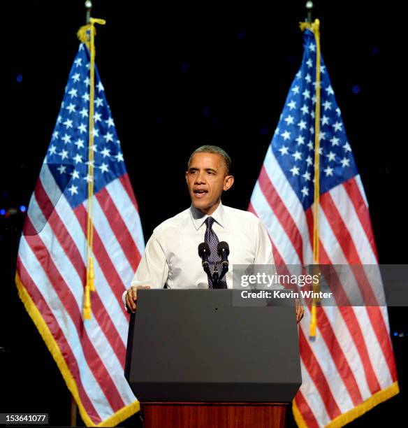 President Barack Obama speaks at the "30 Days To Victory" fundraising concert at the Nokia Theater L.A. Live on October 7, 2012 in Los Angeles,...