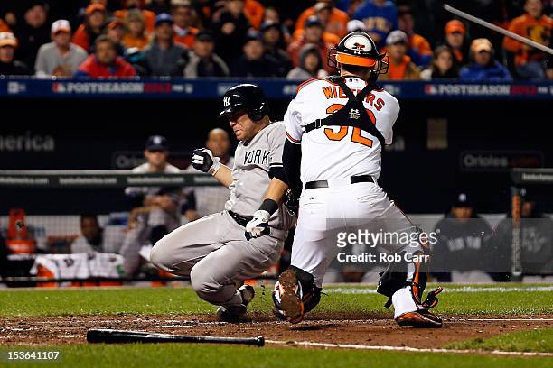 Russell Martin of the New York Yankees is tagged out at home trying to score against Matt Wieters of the Baltimore Orioles in the top of the seventh...