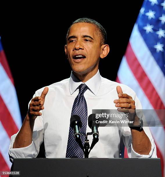 President Barack Obama speaks at the "30 Days To Victory" fundraising concert at the Nokia Theater L.A. Live on October 7, 2012 in Los Angeles,...