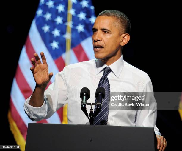 President Barack Obama speaks at the "30 Days To Victory" fundraising concert at the Nokia Theater L.A. Live on October 7, 2012 in Los Angeles,...