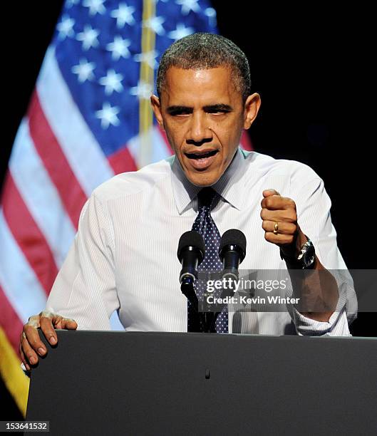 President Barack Obama speaks at the "30 Days To Victory" fundraising concert at the Nokia Theater L.A. Live on October 7, 2012 in Los Angeles,...