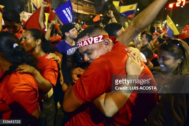 Supporters of Venezuelan President Hugo Chavez celebrate after receiving news of his reelection in Caracas on October 7, 2012. According to the...