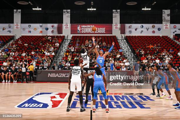 San Antonio Spurs & Oklahoma City Thunder during opening tip-off during the 2023 NBA Las Vegas Summer League on July 16, 2023 at the The Cox...