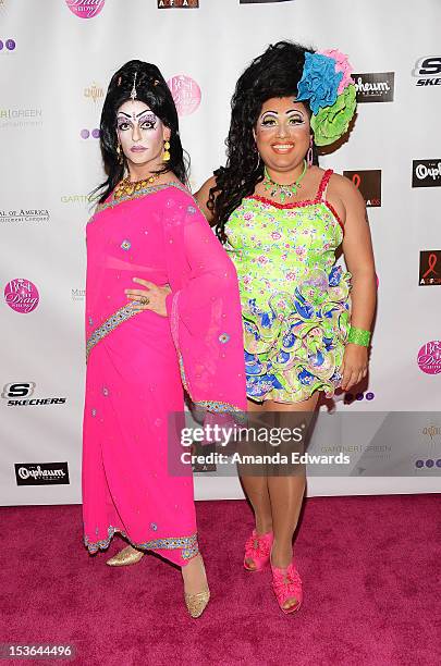 Drag queens Bindi Dundat and Kay Sedia arrive at the 2012 "Best In Drag" Show Benefiting Aid For AIDS at Orpheum Theatre on October 7, 2012 in Los...
