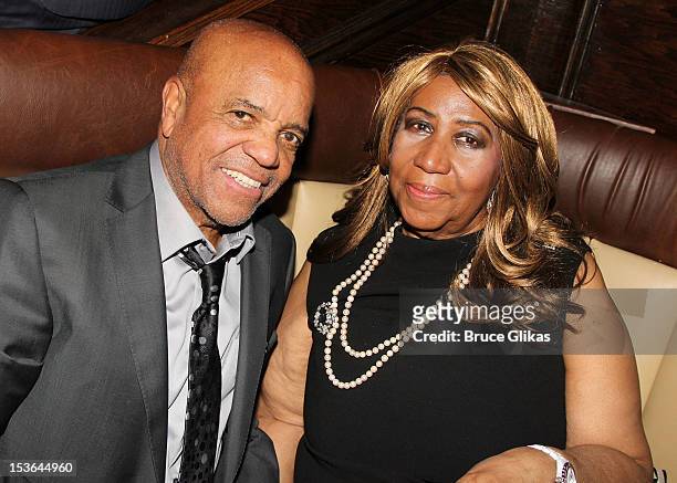 Berry Gordy and Aretha Franklin pose at the "Motown: The Musical" Pre-Broadway Sneak Preview Celebration at The Liberty Theater Party Space on...