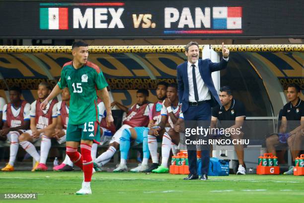Panama's Danish coach Thomas Christiansen gestures during the Concacaf 2023 Gold Cup final football match between Mexico and Panama at SoFi Stadium...