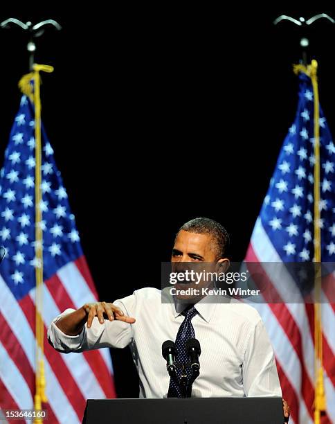 President Barack Obama speaks at the "30 Days To Victory" fundraising concert at the Nokia Theater L.A. Live on October 7, 2012 in Los Angeles,...