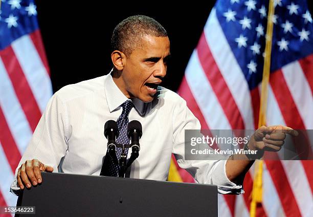 President Barack Obama speaks at the "30 Days To Victory" fundraising concert at the Nokia Theater L.A. Live on October 7, 2012 in Los Angeles,...