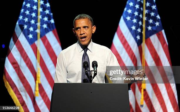 President Barack Obama speaks at the "30 Days To Victory" fundraising concert at the Nokia Theater L.A. Live on October 7, 2012 in Los Angeles,...