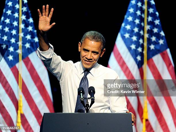 President Barack Obama speaks at the "30 Days To Victory" fundraising concert at the Nokia Theater L.A. Live on October 7, 2012 in Los Angeles,...