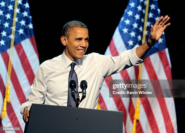 President Barack Obama speaks at the "30 Days To Victory" fundraising concert at the Nokia Theater L.A. Live on October 7, 2012 in Los Angeles,...