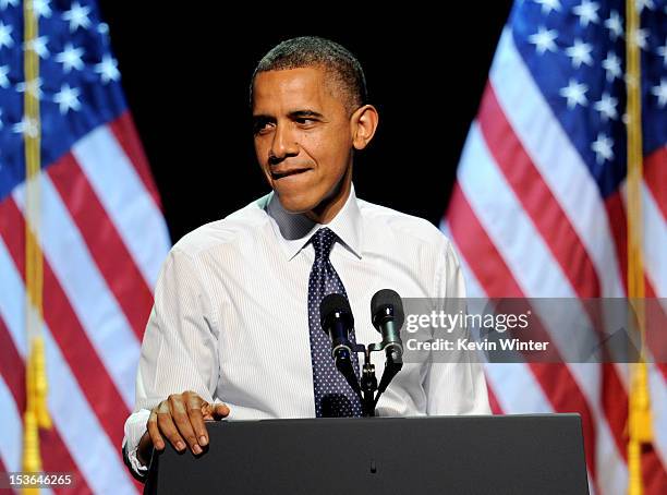 President Barack Obama speaks at the "30 Days To Victory" fundraising concert at the Nokia Theater L.A. Live on October 7, 2012 in Los Angeles,...