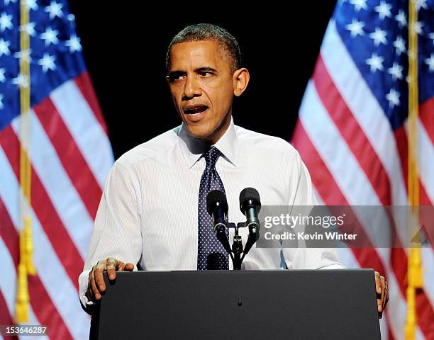 President Barack Obama speaks at the "30 Days To Victory" fundraising concert at the Nokia Theater L.A. Live on October 7, 2012 in Los Angeles,...