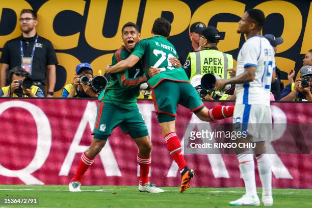 Mexico's forward Henry Martin celebrates scoring a goal which was later disallowed after a VAR review during the Concacaf 2023 Gold Cup final...