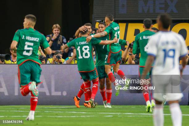 Mexico players celebrate a goal which was later disallowed after a VAR review during the Concacaf 2023 Gold Cup final football match between Mexico...