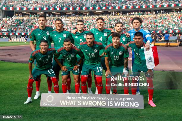 Mexico's defender Cesar Montes, Mexico's defender Luis Romo, Mexico's defender Johan Vasquez, Mexico's midfielder Edson Alvarez, Mexico's forward...
