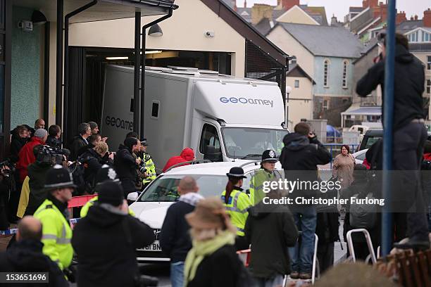 Prison van believed to contain Mark Bridger, who has been charged with the murder of April Jones, leaves Aberystwyth Justice Centre on October 8,...