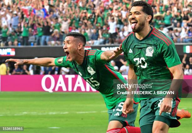 Mexico's forward Uriel Antuna and Mexico's forward Henry Martin celebrate a goal that was later disallowed, during the Concacaf 2023 Gold Cup final...