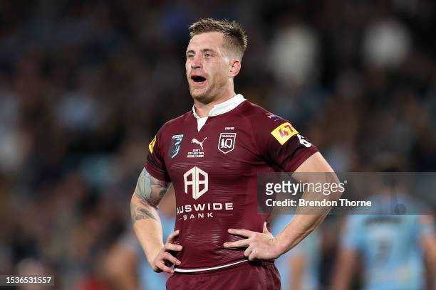 Cameron Munster of the Maroons reacts at full time following game three of the State of Origin series between New South Wales Blues and Queensland...