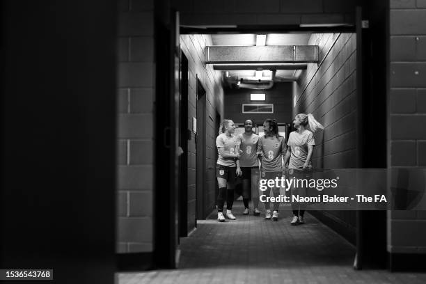 Katie Robinson, Lucy Bronze, Katie Zelem and Laura Coombs during a training session on July 12, 2023 in Sunshine Coast, Australia.