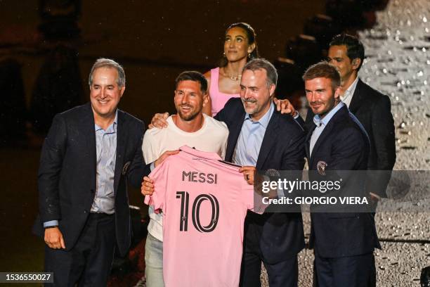 Argentine soccer star Lionel Messi is presented by owners of Inter Miami CF David Beckham, Jose R. Mas and Jorge Mas as the newest player for Major...