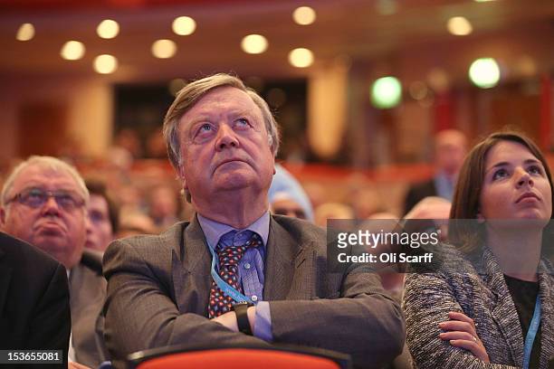 Former Justice Secretary Ken Clarke watches a video at the Conservative party conference in the International Convention Centre on October 8, 2012 in...
