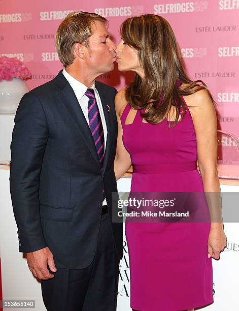 Elizabeth Hurley and Shane Warne meet fans and signs Estee Lauder products during Breast Cancer Awareness Month at Selfridges on October 8, 2012 in...