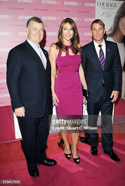 William Lauder, Shane Warne and Elizabeth Hurley attend a Photocall for Estee Lauder during Breast Cancer Awareness Month at Selfridges on October 8,...
