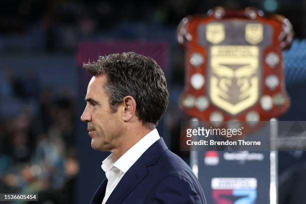 Brad Fittler head coach of the Blues looks on following game three of the State of Origin series between New South Wales Blues and Queensland Maroons...