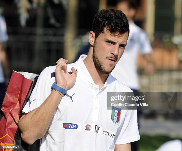 Mattia Destro of Italy attends a training session ahead of their FIFA World Cup qualifier against Armenia at Coverciano on October 8, 2012 in...