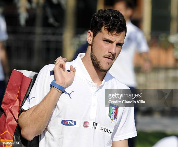 Mattia Destro of Italy attends a training session ahead of their FIFA World Cup qualifier against Armenia at Coverciano on October 8, 2012 in...