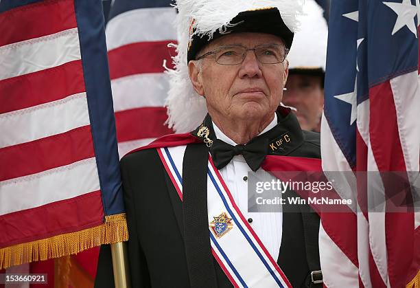 Edward Johnson, a member of the Knights of Columbus, takes part in Columbus Day ceremonies October 8, 2012 in Washington, D.C. The day marks the...