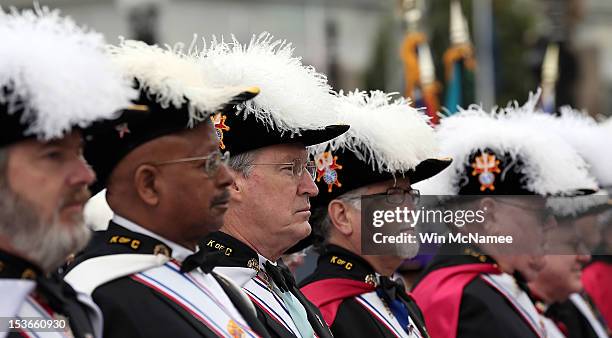 Members of the Knights of Columbus, take part in Columbus Day ceremonies October 8, 2012 in Washington, D.C. The day marks the 100th anniversary of...