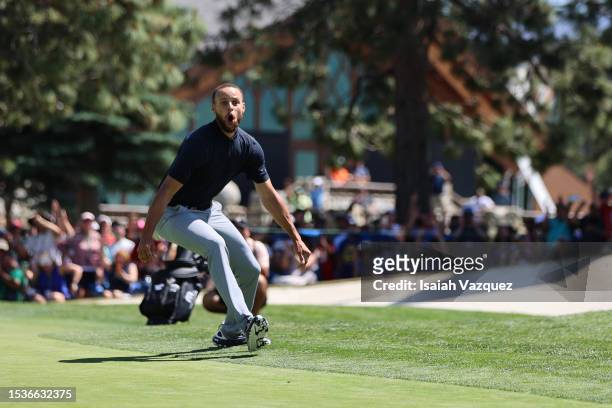 Stephen Curry of the NBA Golden State Warriors reacts after making the final putt to win the American Century Championship on Day Three of the 2023...