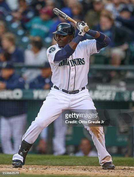 Trayvon Robinson of the Seattle Mariners bats against the Los Angeles Angels of Anaheim at Safeco Field on October 3, 2012 in Seattle, Washington.