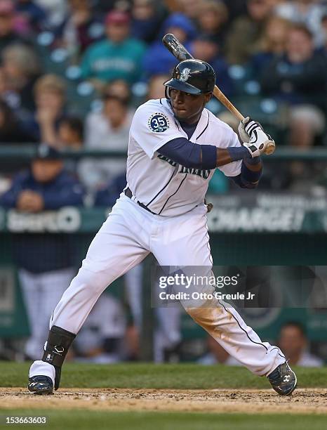 Trayvon Robinson of the Seattle Mariners bats against the Los Angeles Angels of Anaheim at Safeco Field on October 3, 2012 in Seattle, Washington.