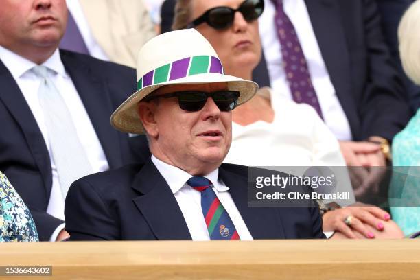 Albert II, Prince of Monaco looks on from the Royal Box prior to the Women's Singles Quarter Final match between Ons Jabeur of Tunisia and Elena...