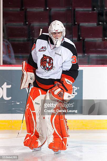 Marek Langhamer of the Medicine Hat Tigers skates against the Vancouver Giants in WHL action on October 5, 2012 at Pacific Coliseum in Vancouver,...