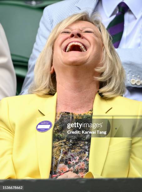 Sue Barker laughs as she attends day ten of the Wimbledon Tennis Championships at the All England Lawn Tennis and Croquet Club on July 12, 2023 in...