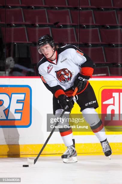 Miles Koules of the Medicine Hat Tigers skates against the Vancouver Giants in WHL action on October 5, 2012 at Pacific Coliseum in Vancouver,...