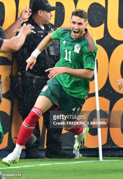 Mexico's forward Santiago Gimenez celebrates scoring his team's first goal during the Concacaf 2023 Gold Cup final football match between Mexico and...