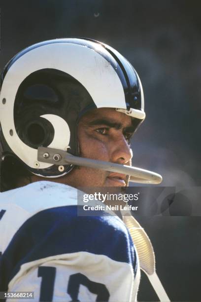 Closeup of Los Angeles Rams QB Roman Gabriel during game vs Green Bay Packers at Lambeau Field. Green Bay, WI CREDIT: Neil Leifer