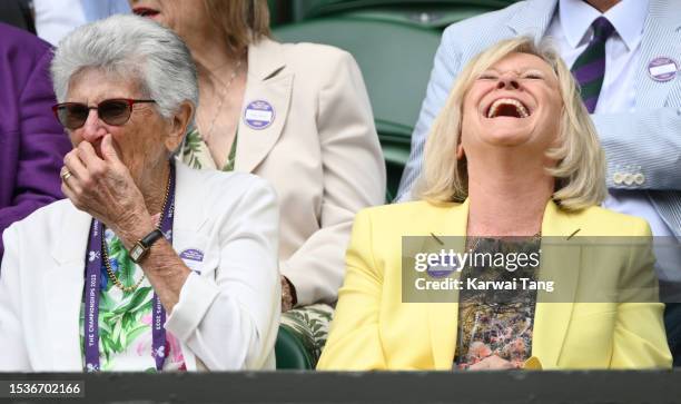 Judy Tegart-Dalton and Sue Barker share a joke as they attends day ten of the Wimbledon Tennis Championships at the All England Lawn Tennis and...