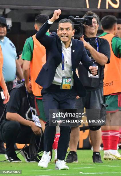 Mexico's interim coach Jaime Lozano reacts to a referee's call late in the game during the Concacaf 2023 Gold Cup final football match between Mexico...
