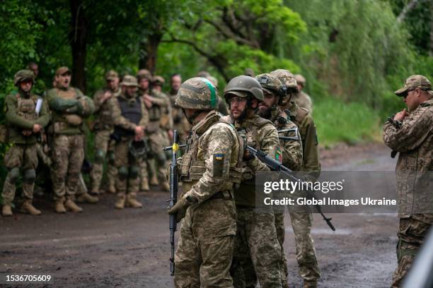 Ukrainian military training before airsoft exercises on May 23, 2023 in Donetsk Oblast, Ukraine. With the help of airsoft, soldiers practice the...