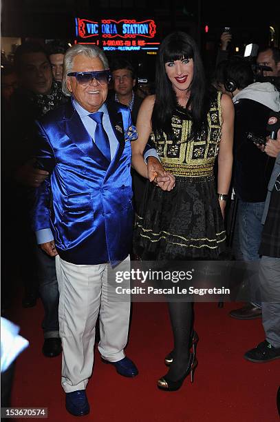 Michou arrives with a Nolwenn Leroy look alike to attend the Unveiling of singer Nolwenn Leroy wax figure at Musee Grevin on October 8, 2012 in...