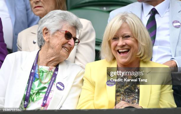 Judy Tegart-Dalton and Sue Barker share a joke as they attend day ten of the Wimbledon Tennis Championships at the All England Lawn Tennis and...