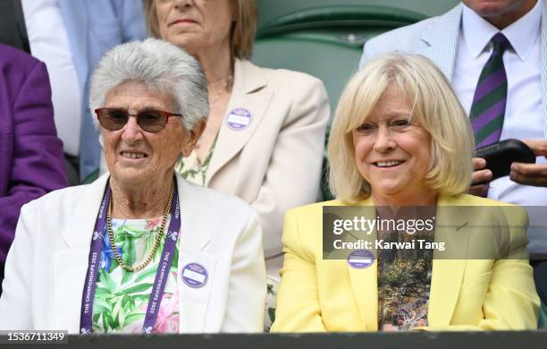 Judy Tegart-Dalton and Sue Barker share a joke as they attend day ten of the Wimbledon Tennis Championships at the All England Lawn Tennis and...