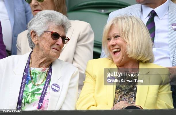 Judy Tegart-Dalton and Sue Barker share a joke as they attend day ten of the Wimbledon Tennis Championships at the All England Lawn Tennis and...