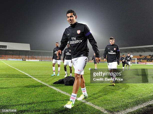 Andre Santos of Arsenal walks off after the warm up before the Barclays Premier U21 match between Arsenal U21 and Reading U21 at Underhill Stadium on...